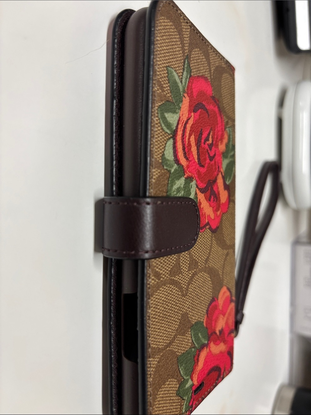 Coach Brown Signature Canvas Phone Wallet Case with Red Floral Print - Picture 6 of 10